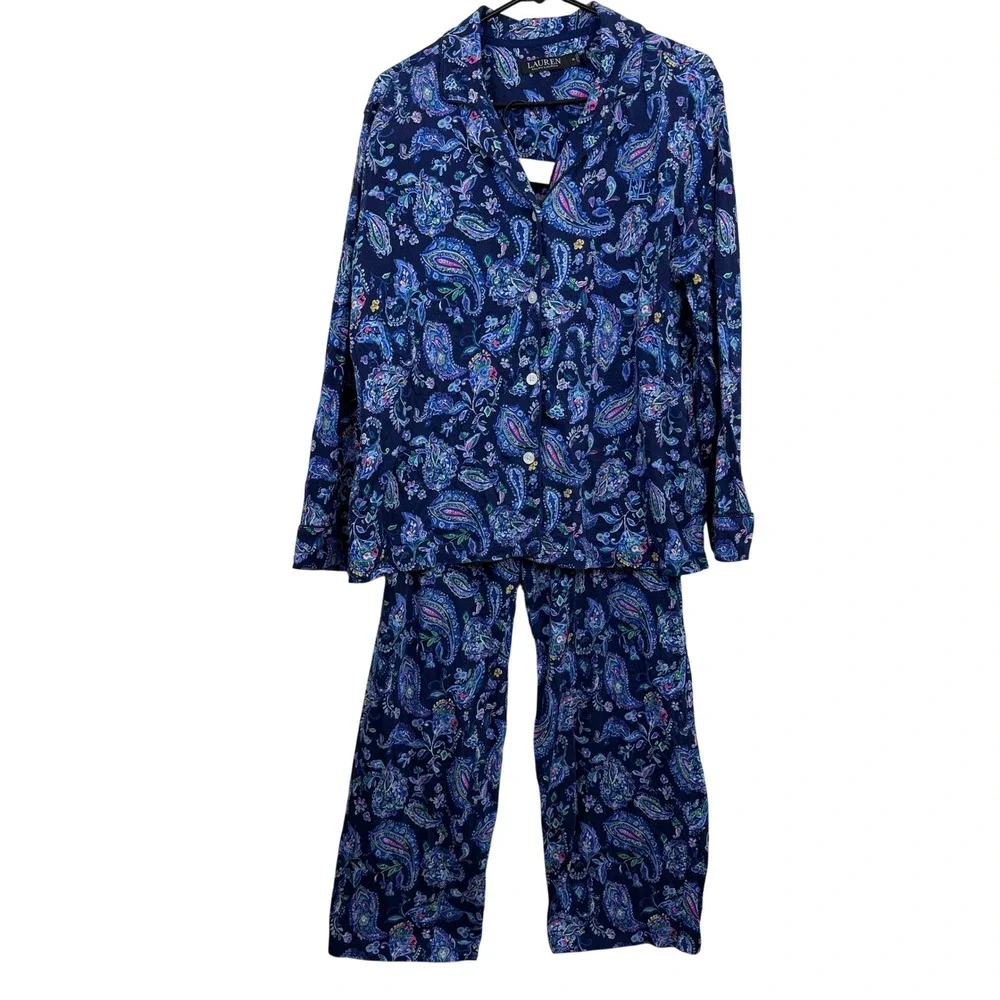 Lauren Ralph Lauren Pajamas Womens XL Blue Paisley Print Knit Sleepwear Set